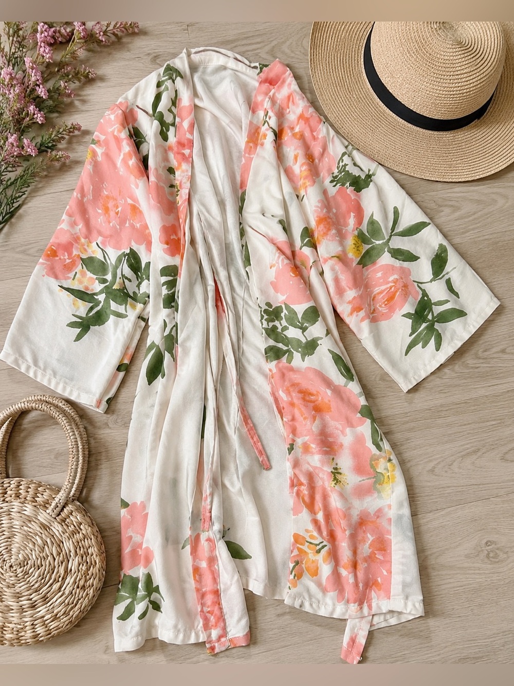 Floral Cotton Wrap Robe Kimono Cover-Up Pink White Lined Cottagecore Loungewear